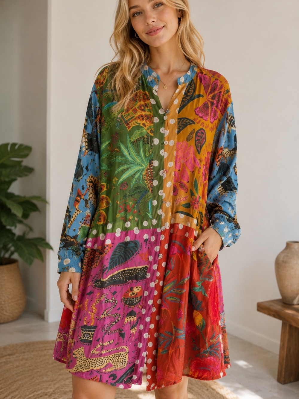Farm Rio Earth Rainbow Chemise Shirt Midi Dress Size Medium 8293